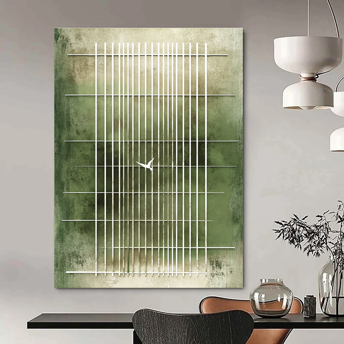 Large abstract painting featuring a green striped background with white doves symbolizing peace against soft beige tones evoking hope and contemplation.STSC1216