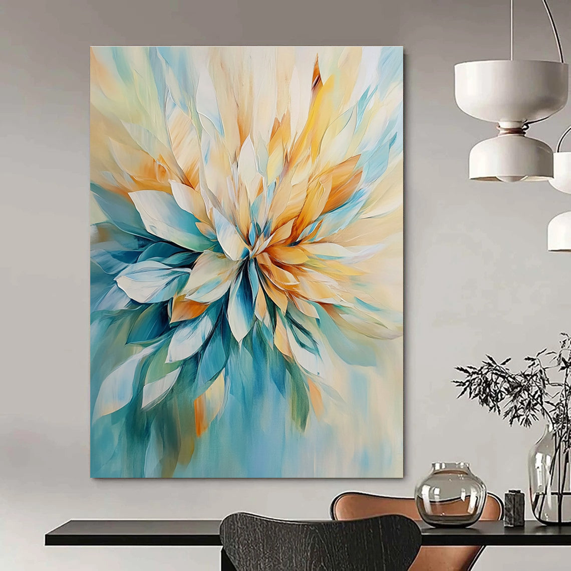 Large abstract painting in light teal and beige featuring loose brushwork and oversized petals.STSC435