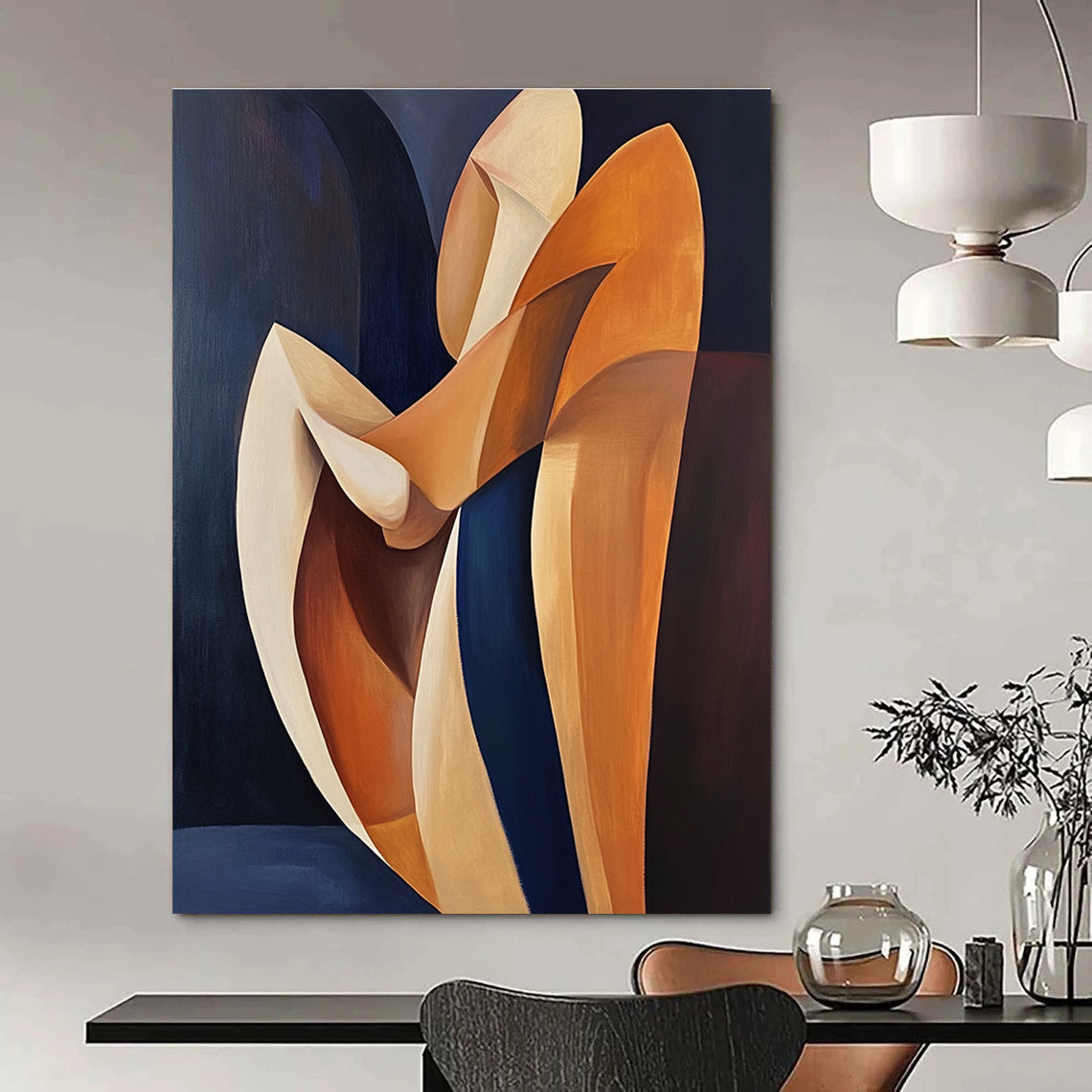 Abstract oil painting in Picasso style featuring orange and navy blue colors with a figure resting on wooden shapes and minimalist lines.STSC1372