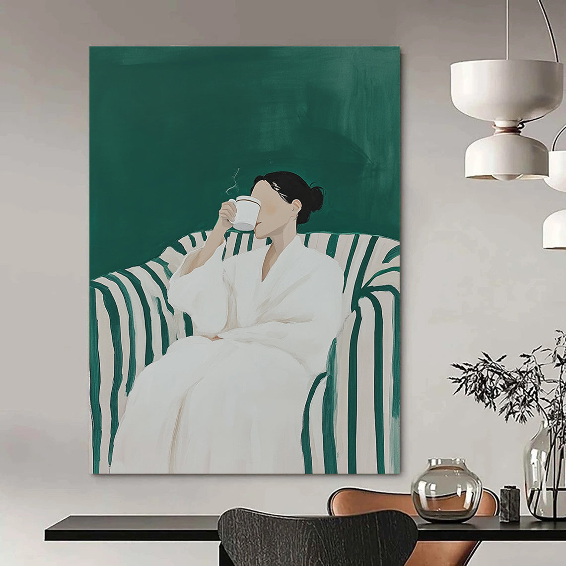 A large abstract painting featuring a woman in a white robe sipping coffee on a striped sofa with a vibrant green background.STSC1122