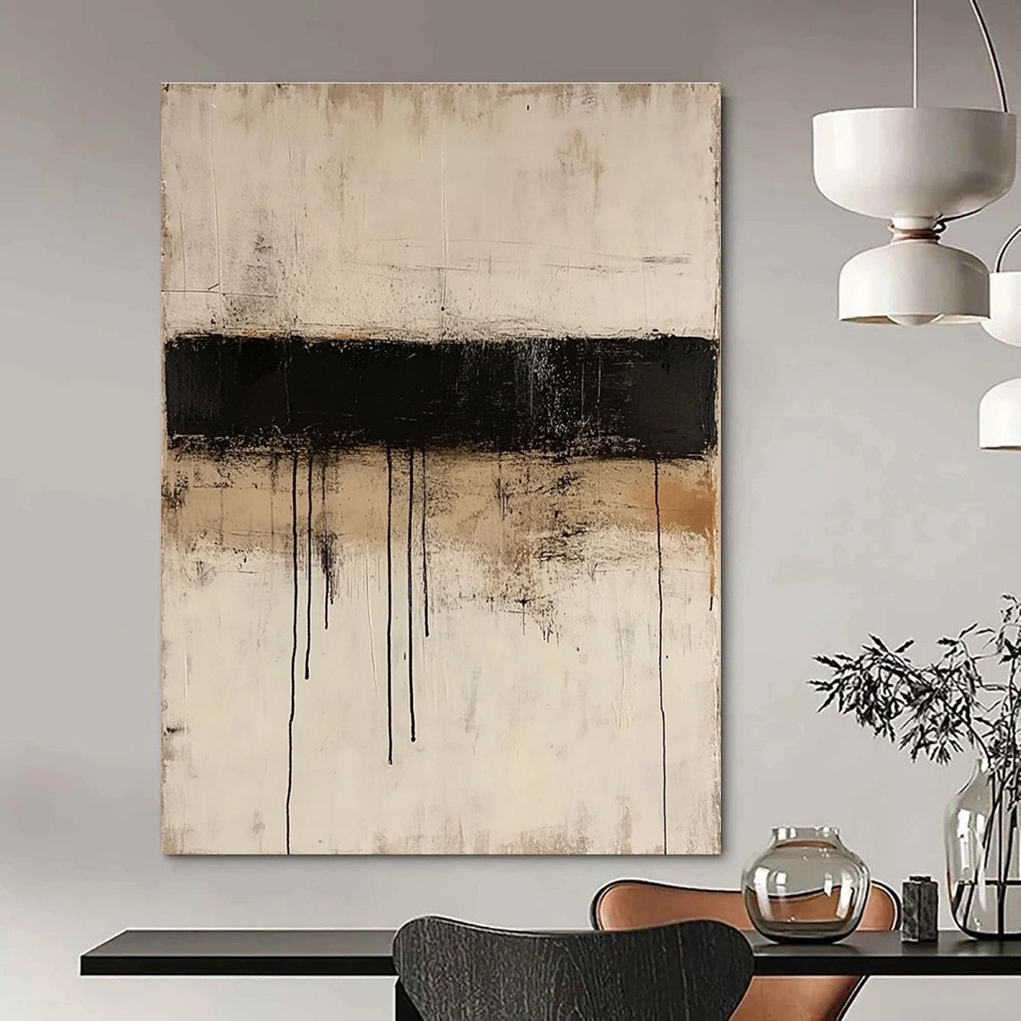 Large abstract painting featuring thin black lines layered on textured beige paper in a minimalist style reminiscent of Mark Rothko.STSC521