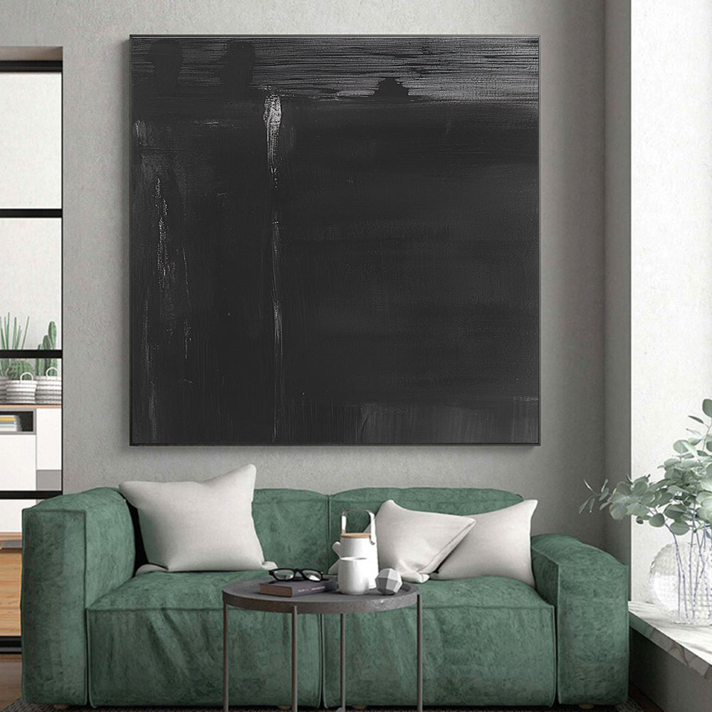 Black Abstract Painting with Subtle White Accent Lines GER008