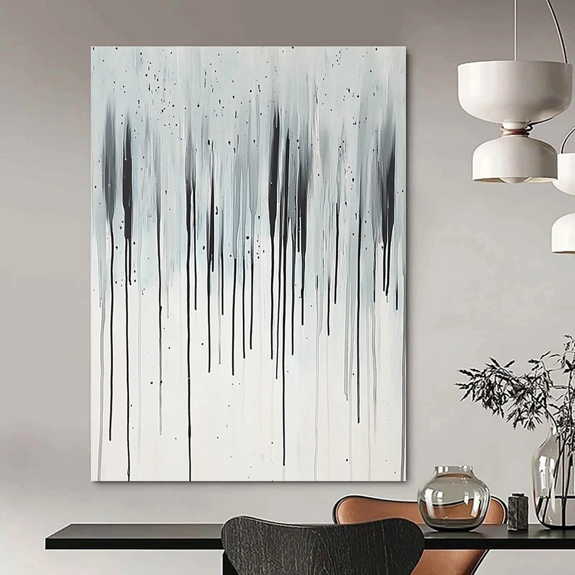 Large abstract painting featuring vertical thin lines in black and white with rain elegantly cascading from the sky.STSC357