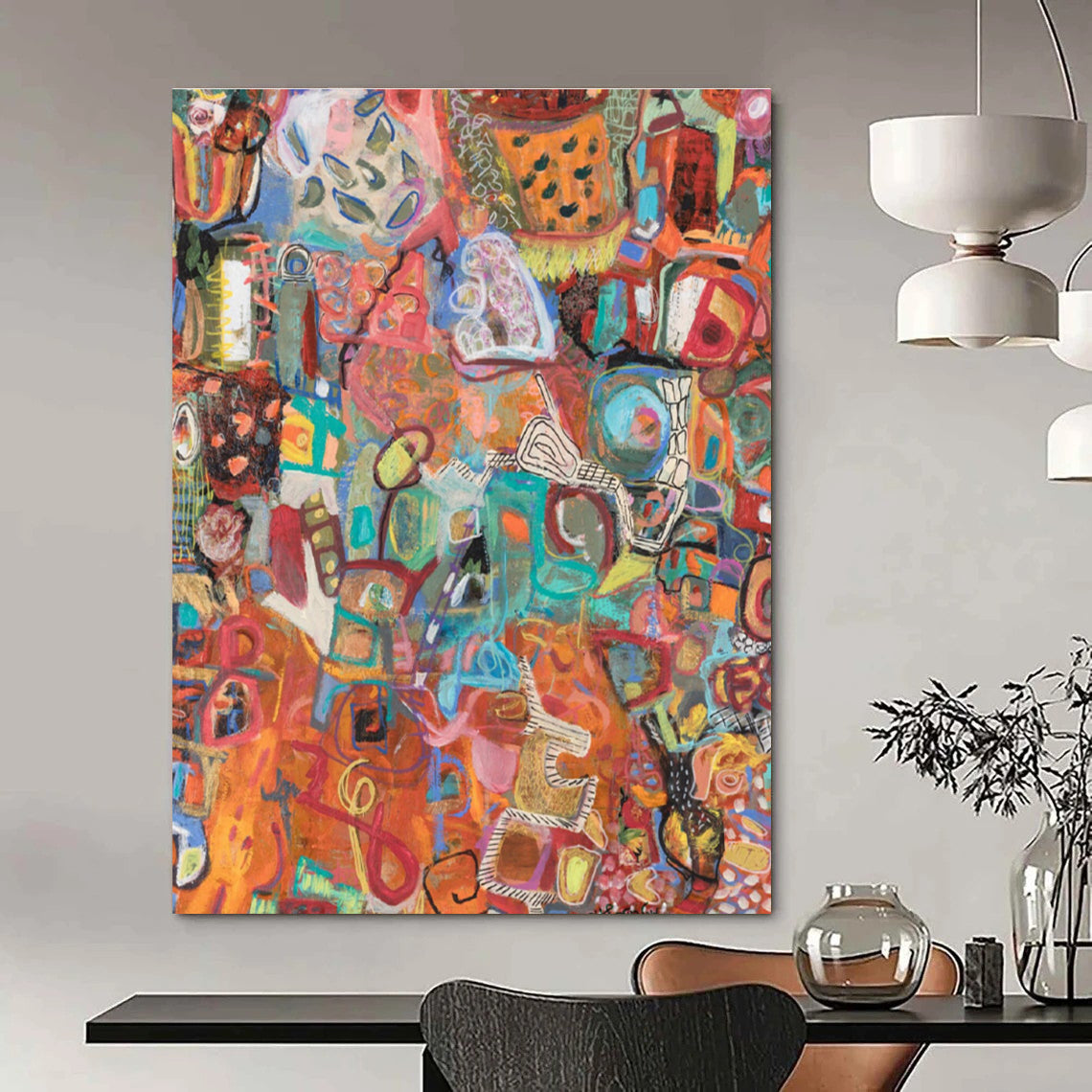 Colorful Collage - style Abstract Painting with Orange Base ADGE291