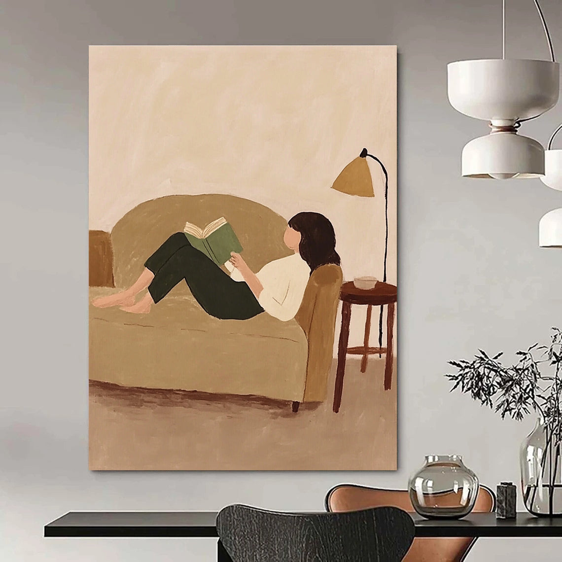 A large abstract painting featuring Krent-7 with whimsical patterns and vibrant fabric scraps on a beige background.STSC1262