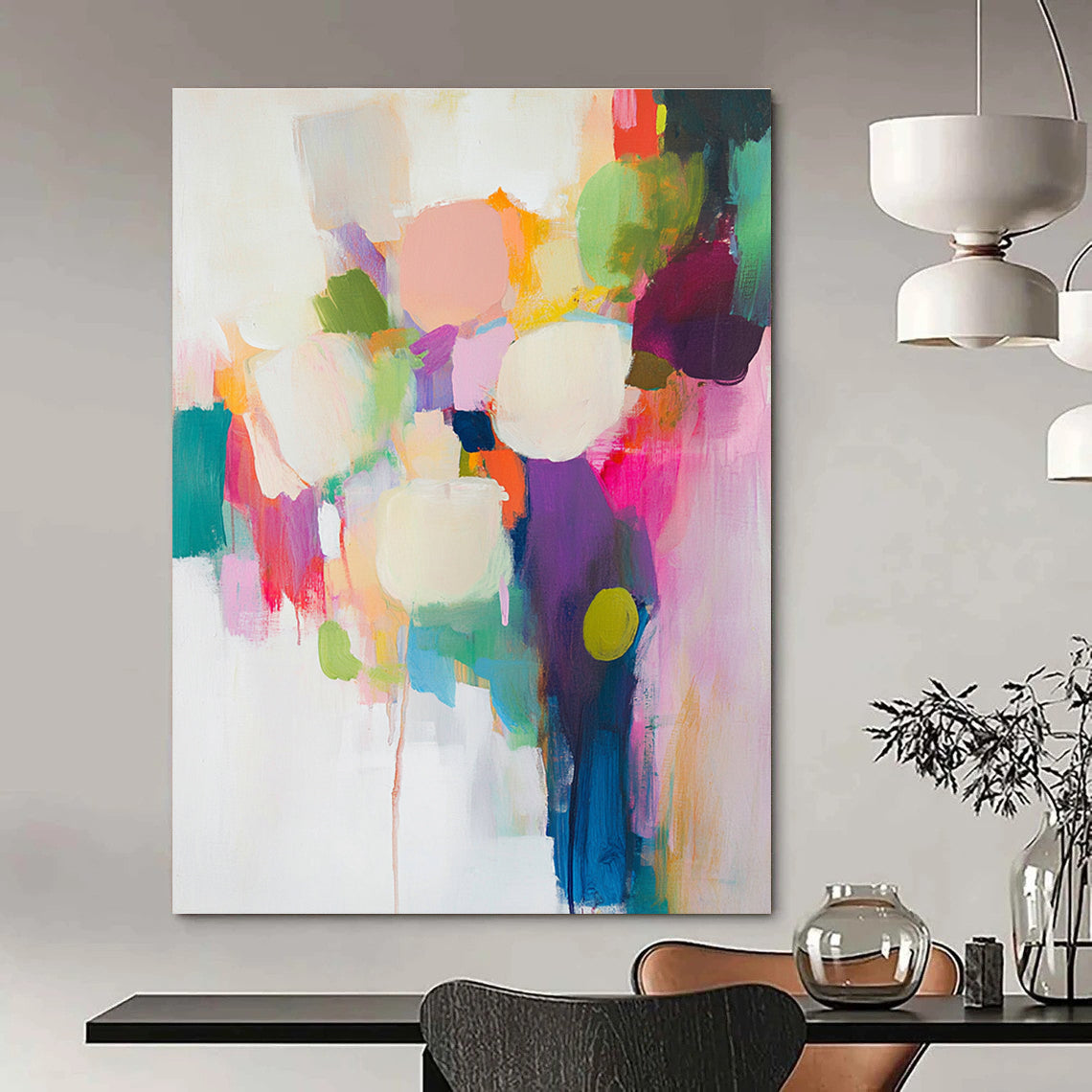 Large abstract painting featuring vibrant brush strokes on a white background with soft colors and dynamic composition in light pink turquoise blue and lime green.STSC761