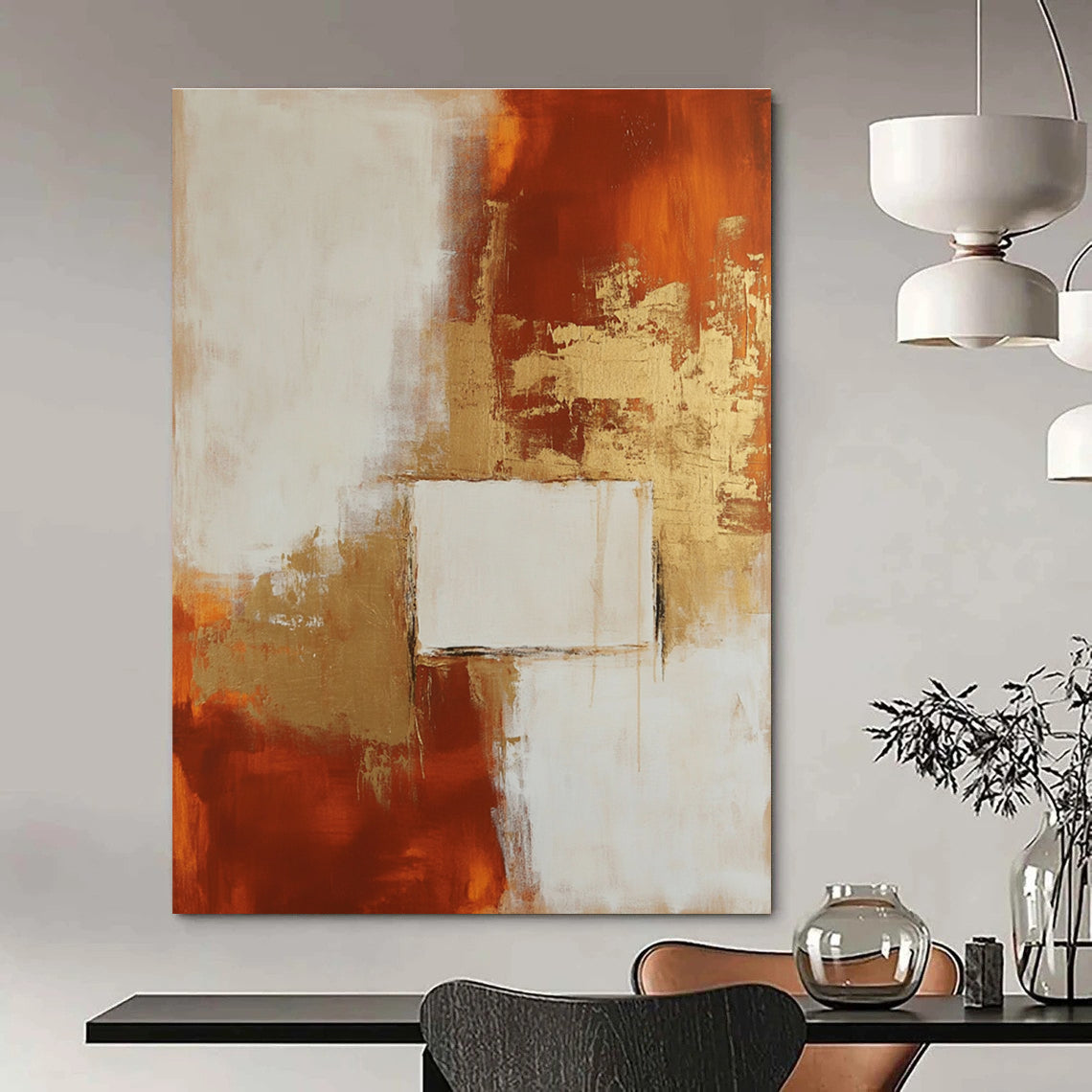 Large abstract painting in minimalist style featuring beige and rust colors with elegant gold accents for a modern aesthetic.STSC244