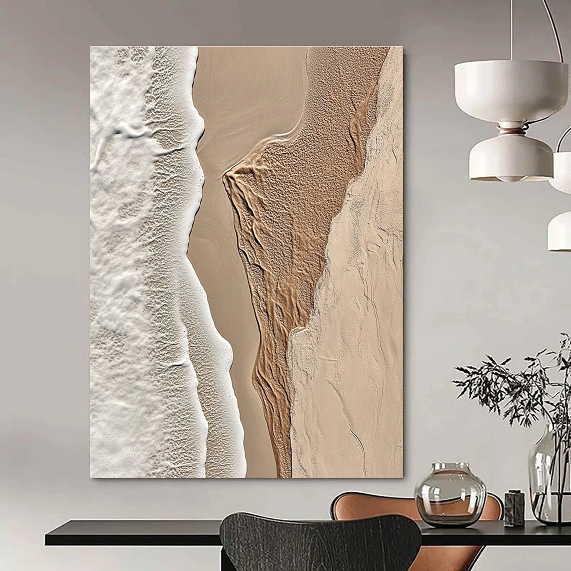 A large abstract painting featuring intricate textures of beige sand and white waves capturing the tranquility of coastal landscapes.STSC1294