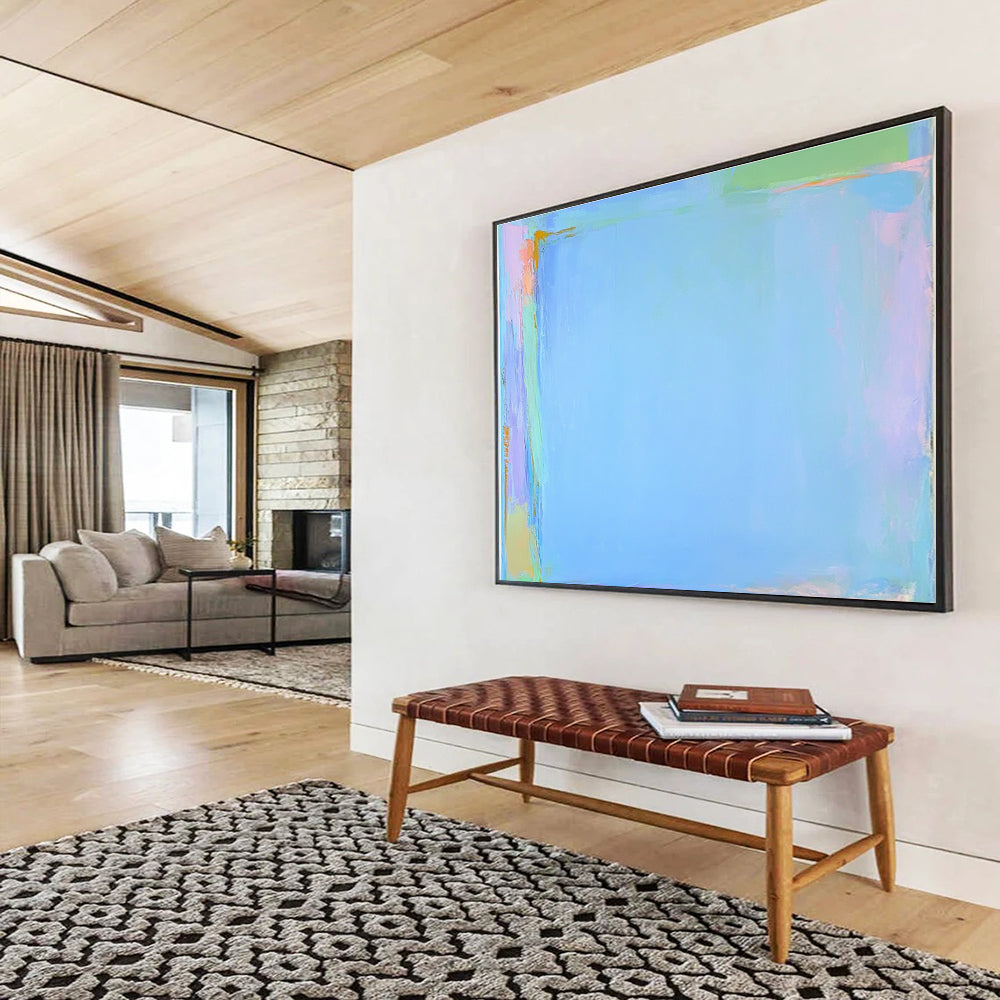 Large abstract painting featuring light blue pink and green with flat shapes broad brushstrokes and subtle gradients on a pale sky-blue border.SC377