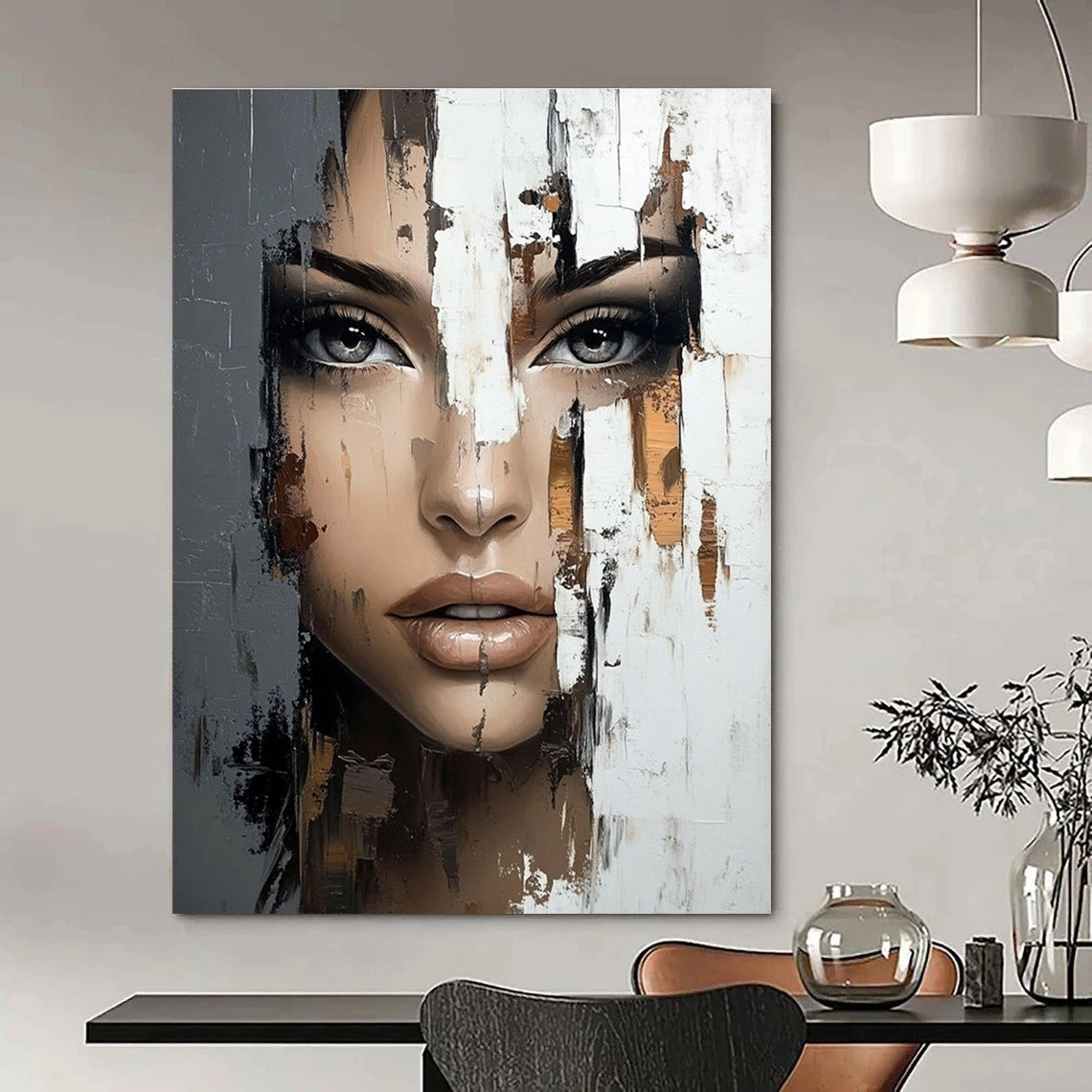 Large abstract painting featuring a woman's face with brushstrokes reflecting the world outside using a rich palette of gray beige and brown.STSC902