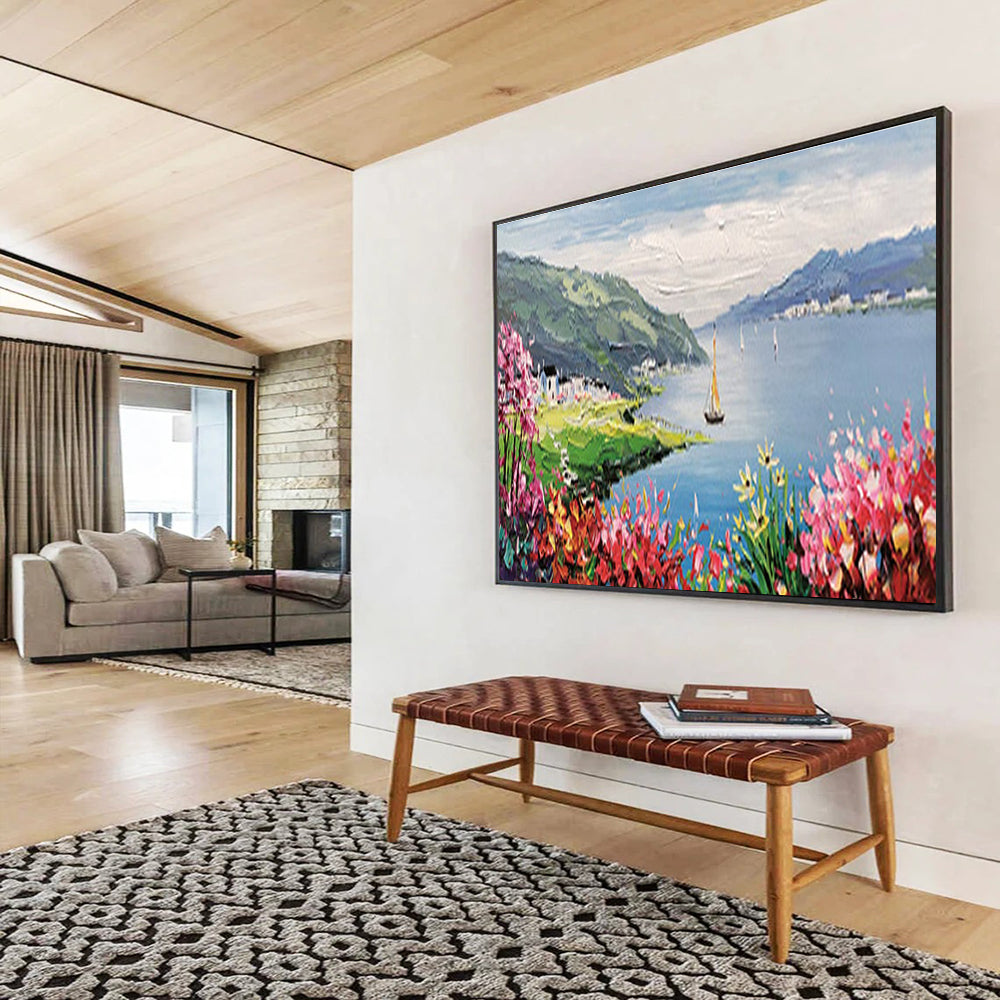 Lakeside Village Abstract Painting with Blue, Green, and Pink Tones THY209