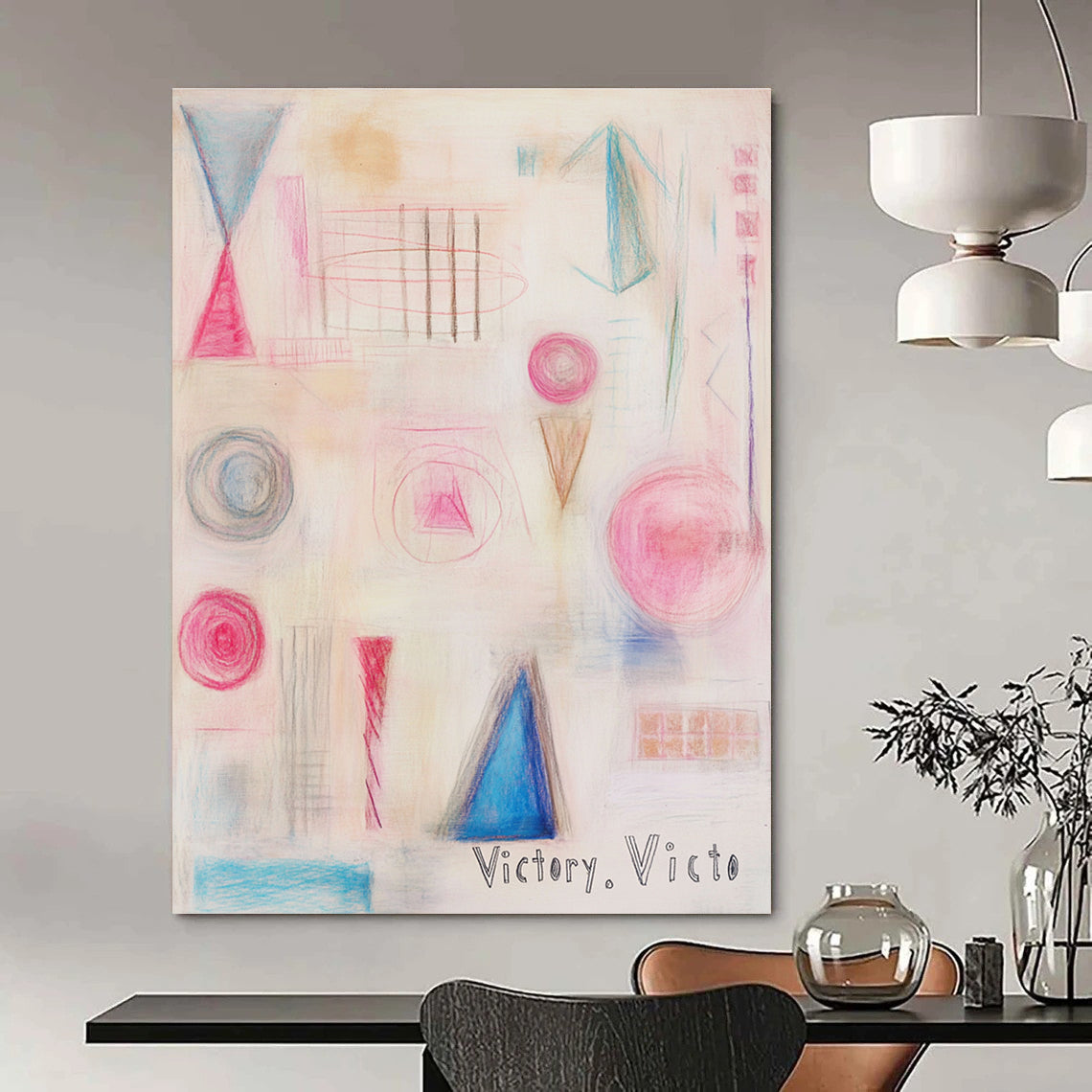 Large abstract painting featuring geometric and organic shapes in pink and blue with a soft texture and delicate color palette.STSC1205