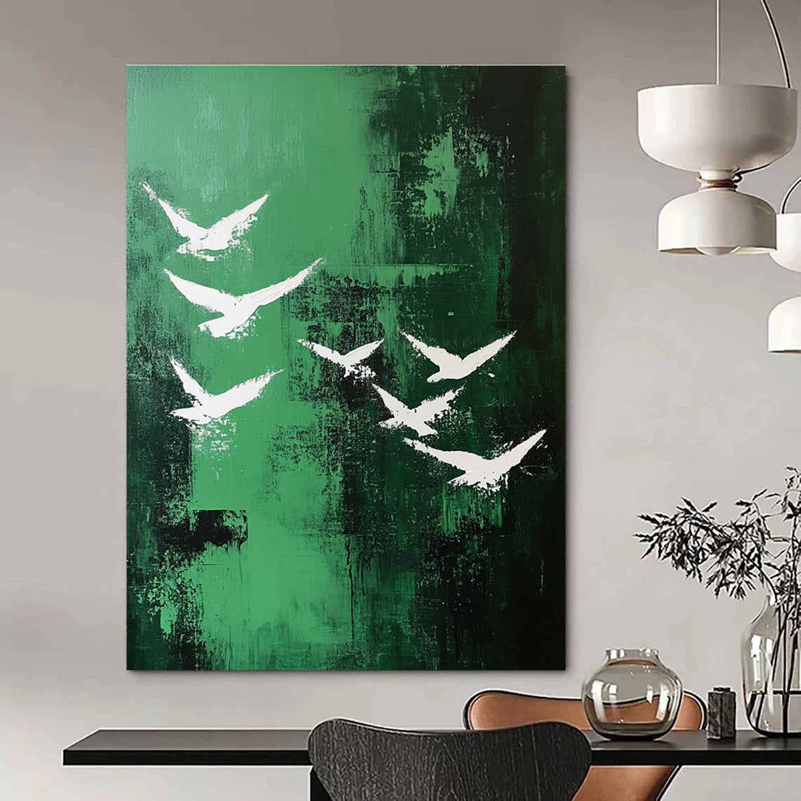 Abstract painting featuring white birds soaring over a vibrant emerald green landscape in a minimalistic style.STSC362
