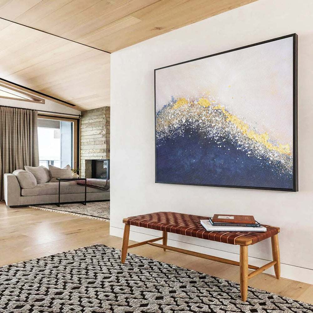 Glittering Wave Abstract Painting with Gold and Navy Hues THY270