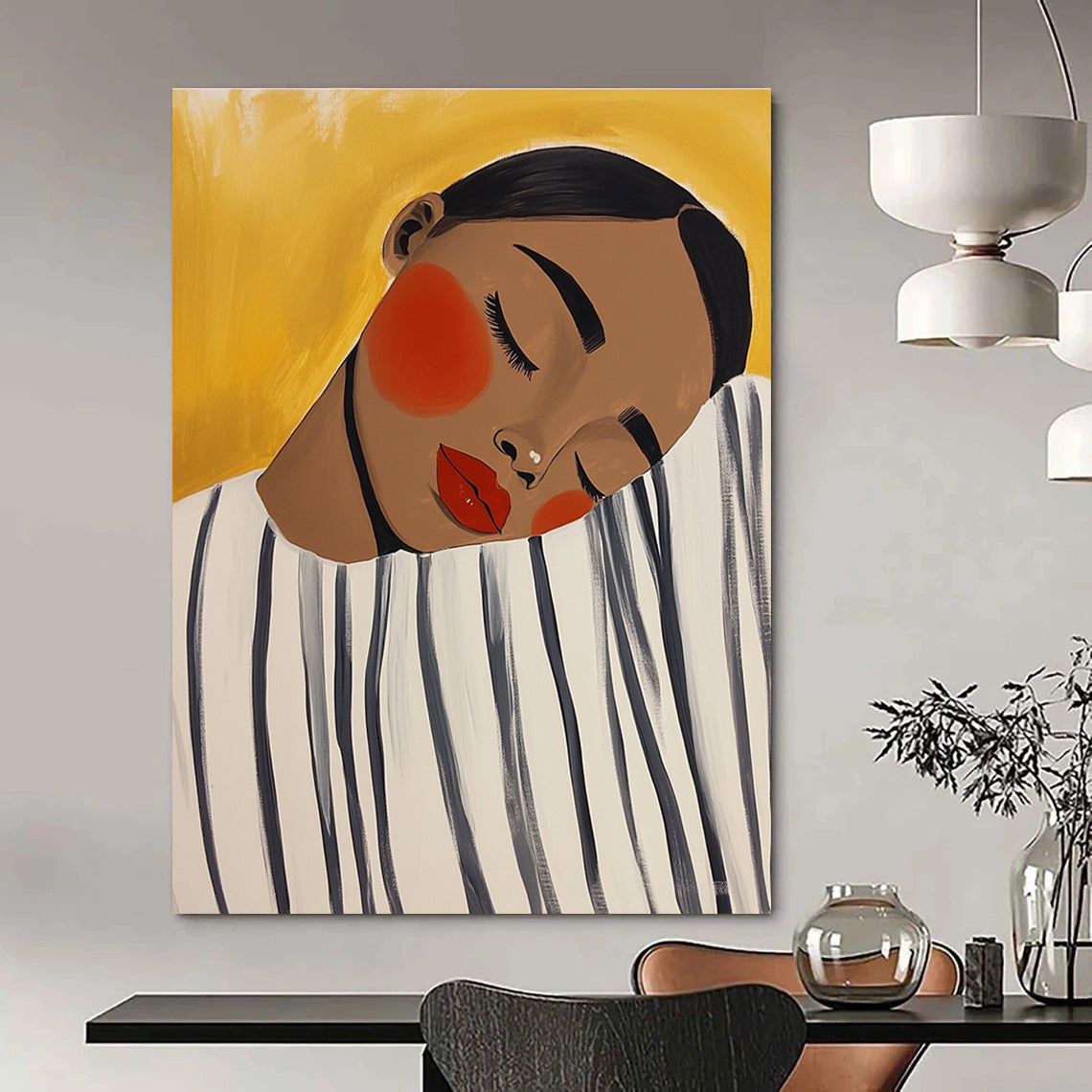 Large abstract painting featuring an African American woman resting her head on a whimsical oversized black and white striped shirt in soft acrylics.STSC536