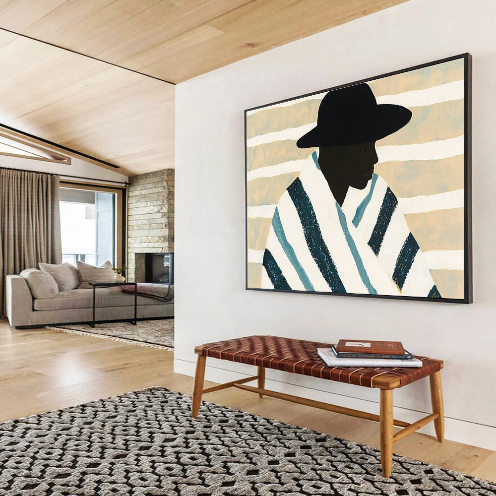 An abstract painting featuring an African man in a blue and white striped blanket against a minimalist beige background with white stripes.SC399