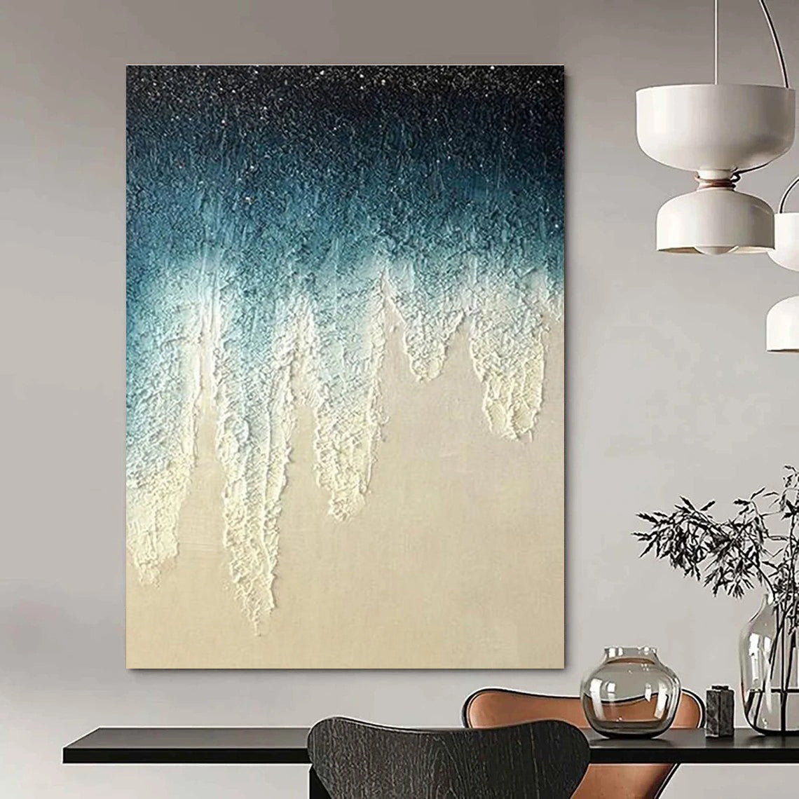 Blue and White Gradient Dripping Abstract Painting ADGE343