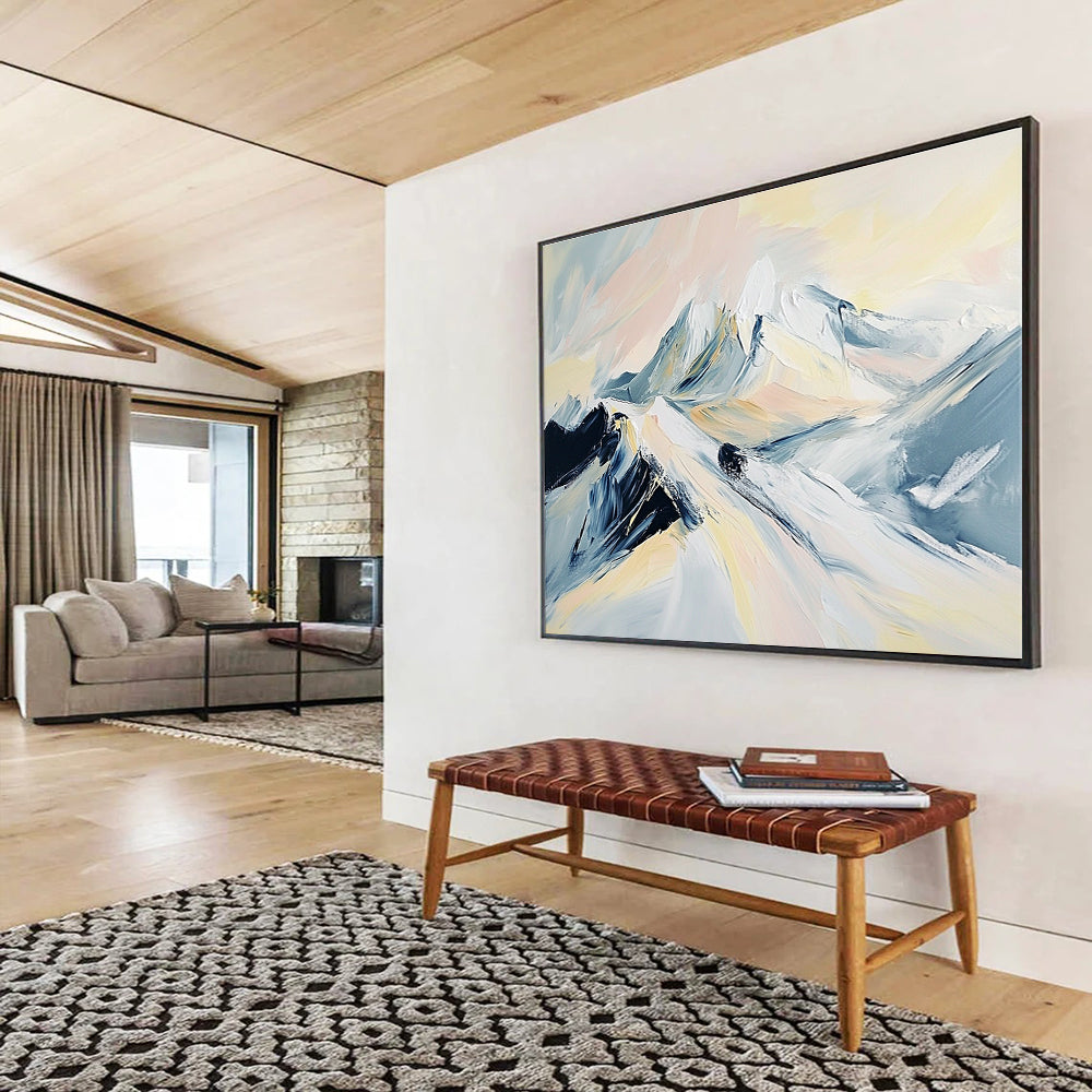 Large abstract painting of snowy mountains featuring soft hues of light gray pale pink beige and black.SC199