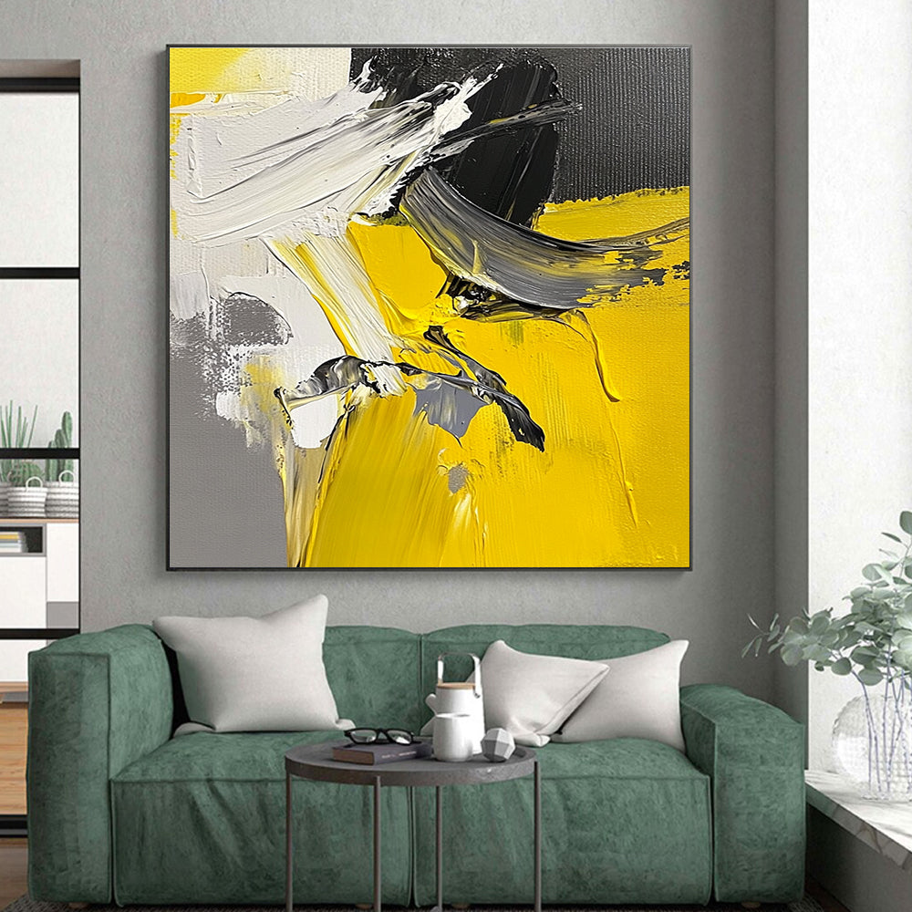 Yellow Gray and White Abstract Painting with Thick Impasto GER552