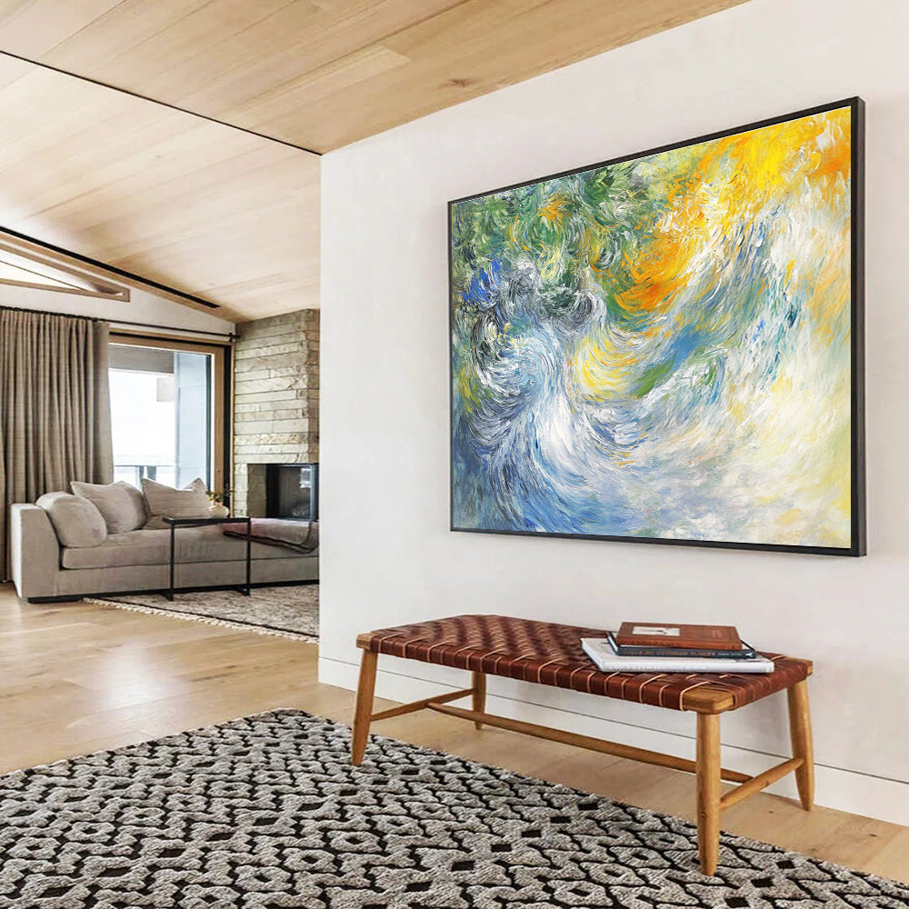 A large abstract painting of white water waves with expressive brush strokes soft colors and a dynamic interplay of light and movement.SC414
