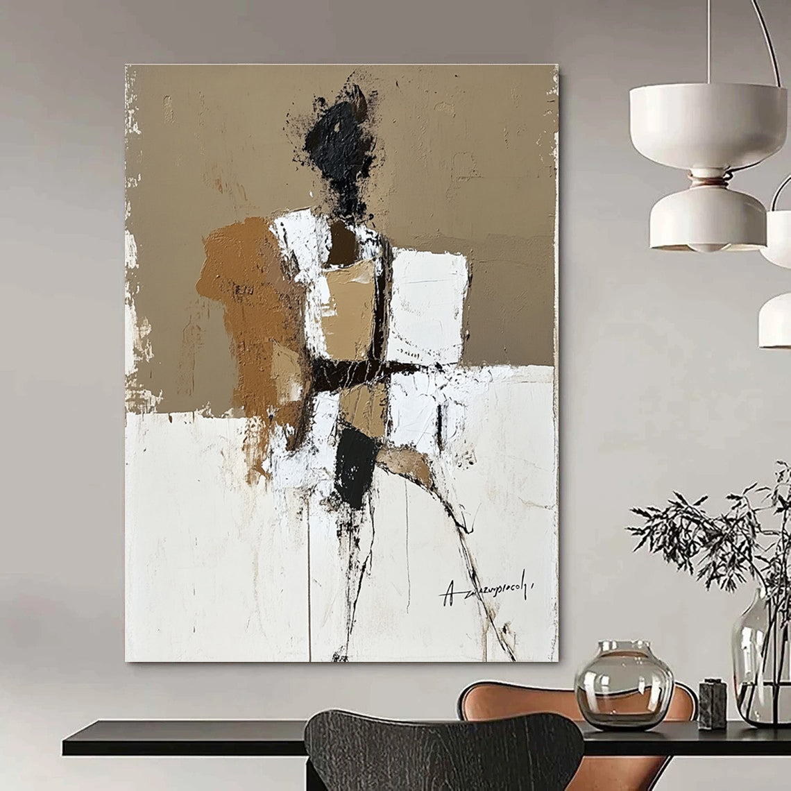 Large abstract painting in beige brown and white featuring humanistic forms with textured expressive brush strokes inspired by Anatoly Zaregorodtsev.STSC388