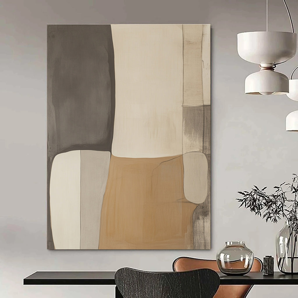 Large abstract artwork in shades of gray beige and white featuring minimalist design in a style reminiscent of Pablo Picasso.STSC478