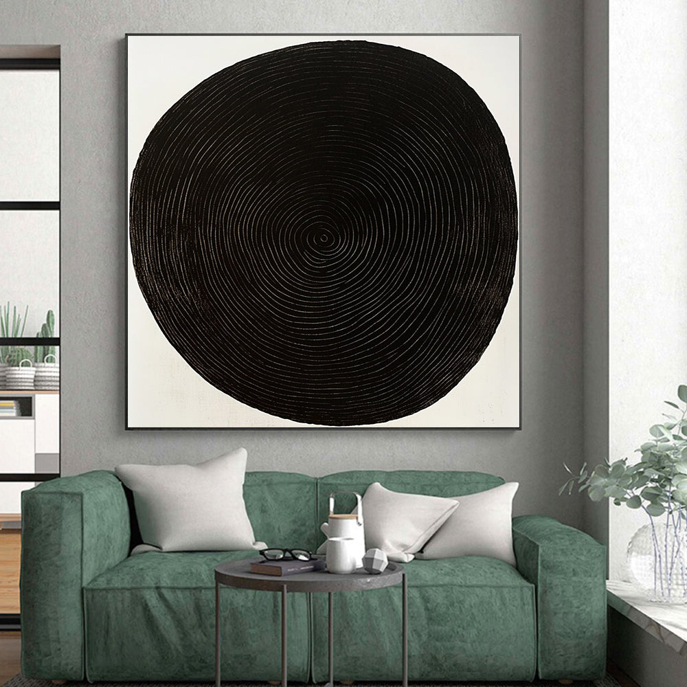 Black Oval with White Rings Abstract Painting on White Background GER021