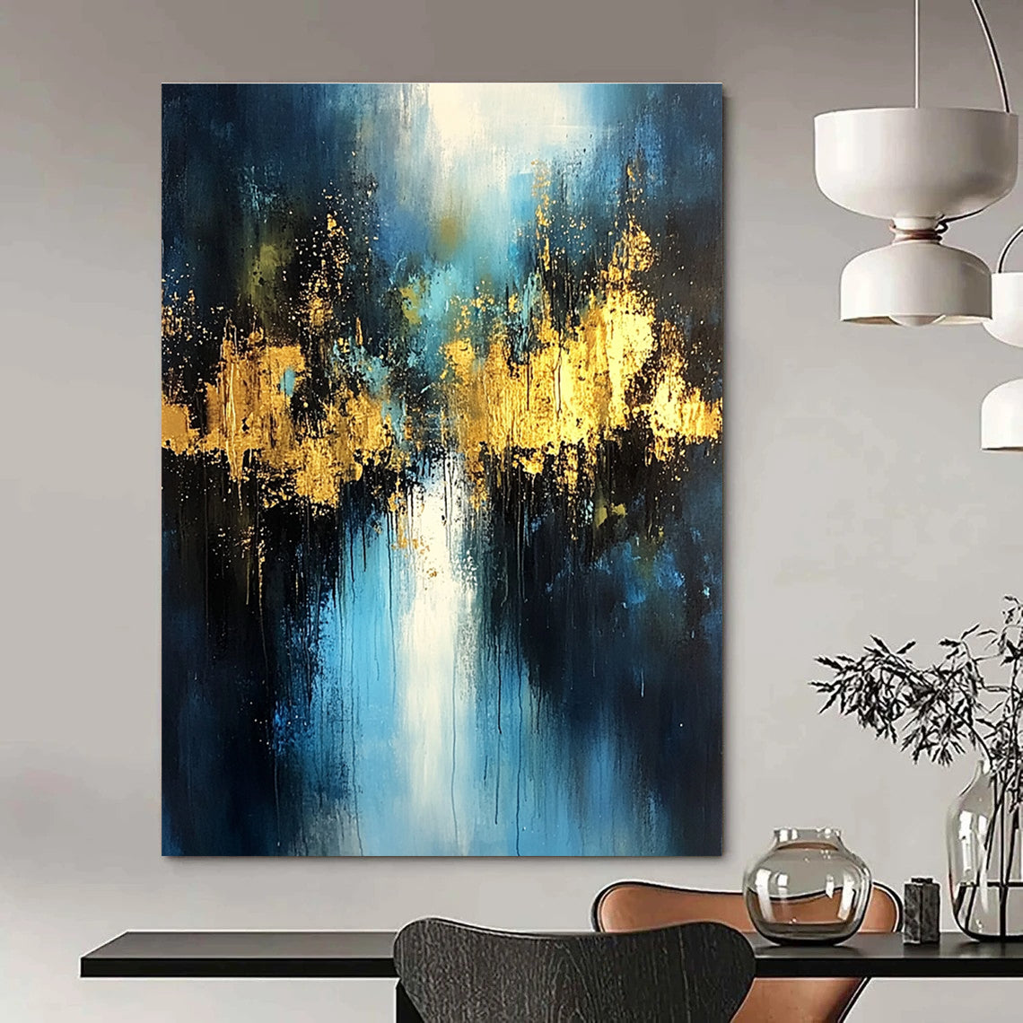 Large abstract painting with light blue and dark gold colors featuring atmospheric brushstrokes gold foil embellishments and a mysterious night scene.STSC399