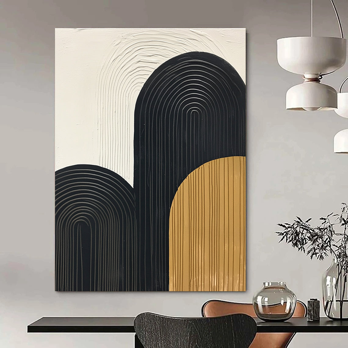 Large abstract painting with thick black lines simple shapes and textured mustard yellow accents on a white background. Modern vintage style artwork.STSC570