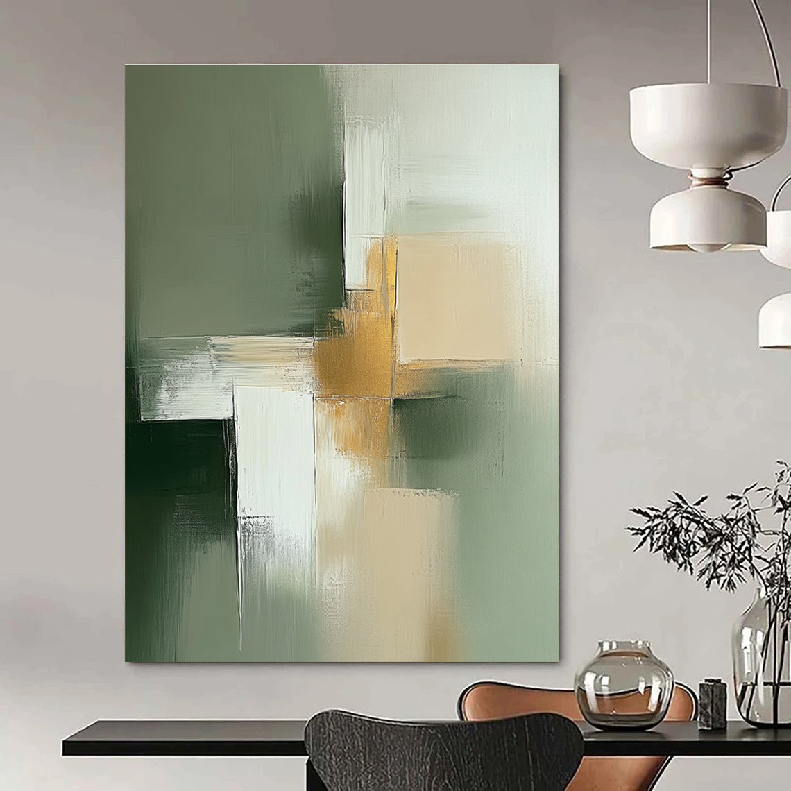 Abstract minimalist painting in sage green and beige with white featuring thick brush strokes and golden details for elegance.STSC566
