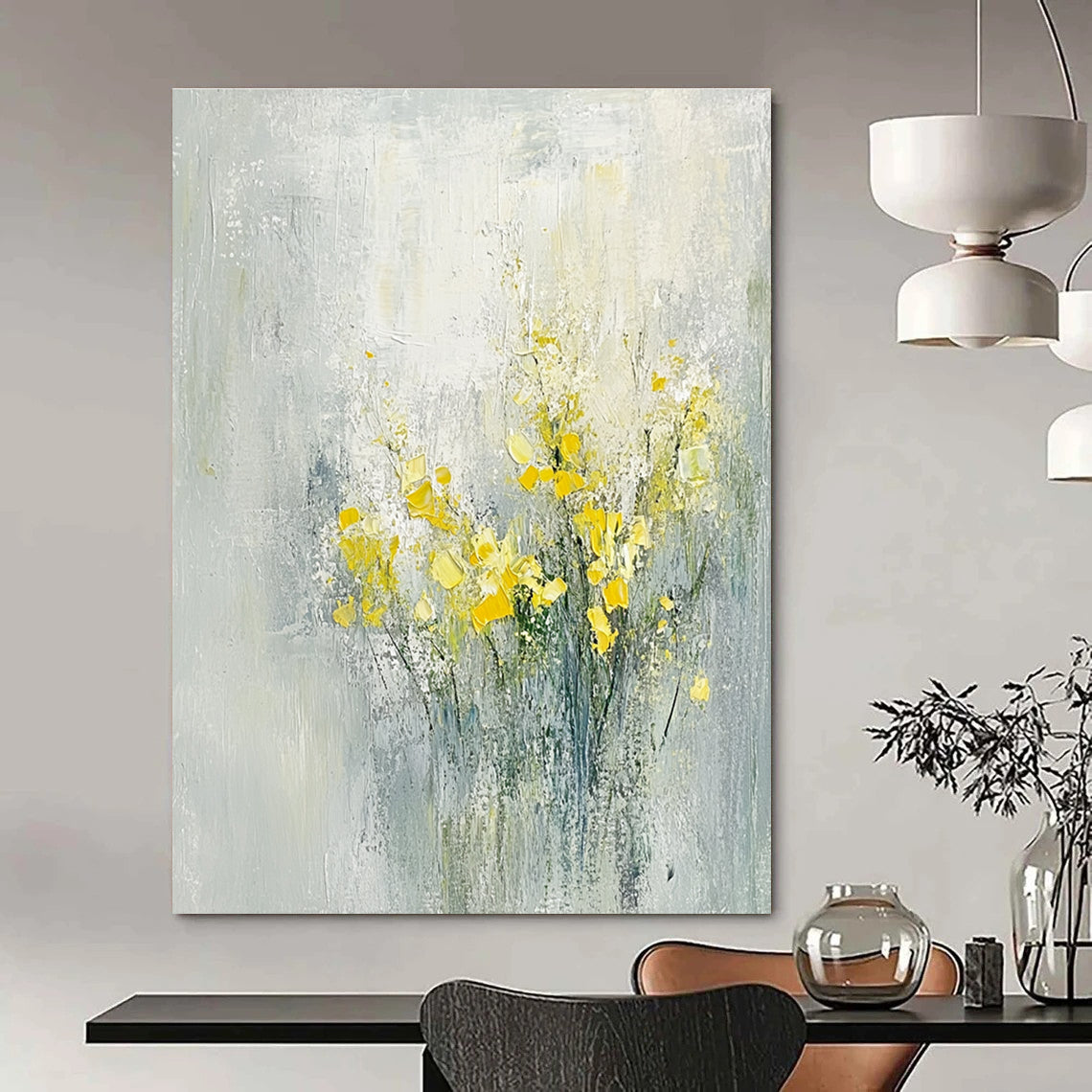 Abstract oil painting of flowers in light gray and yellow hues capturing a serene spring theme inspired by Zao Wou-Ki.STSC185