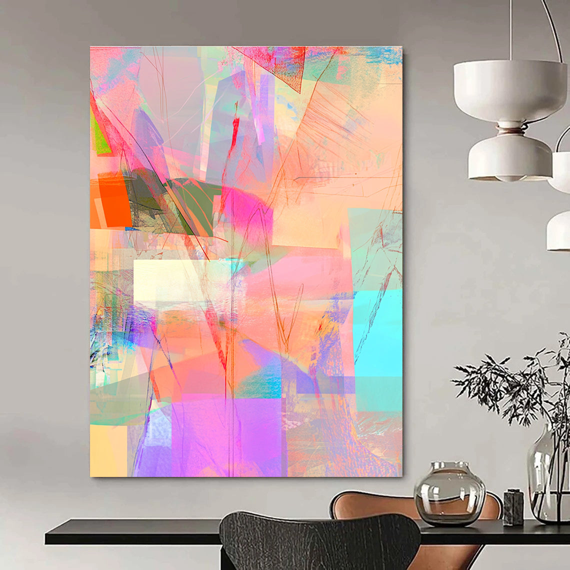 Abstract digital collage with pastel colors featuring neon pink squares bright blue patterns soft orange lines and vibrant green and yellow accents.STSC543