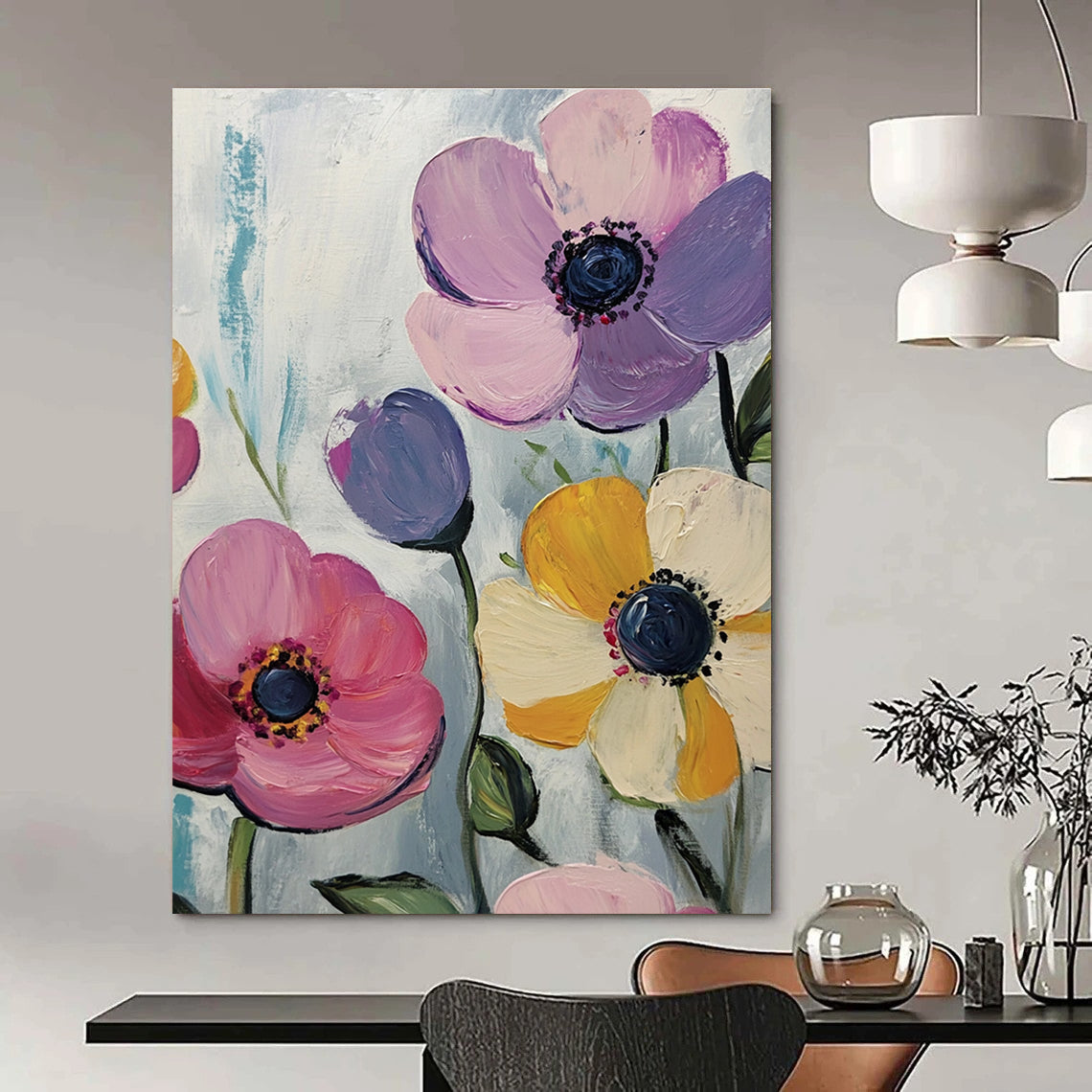 Large abstract painting features pink purple yellow flowers on a white background with blue-green and light gray brushstrokes in acrylic style.STSC999