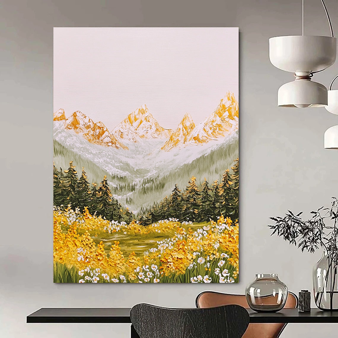 A large abstract painting of dreamy Alps with golden peaks green mountains flowers trees and bright sun in a light watercolor style.STSC1441