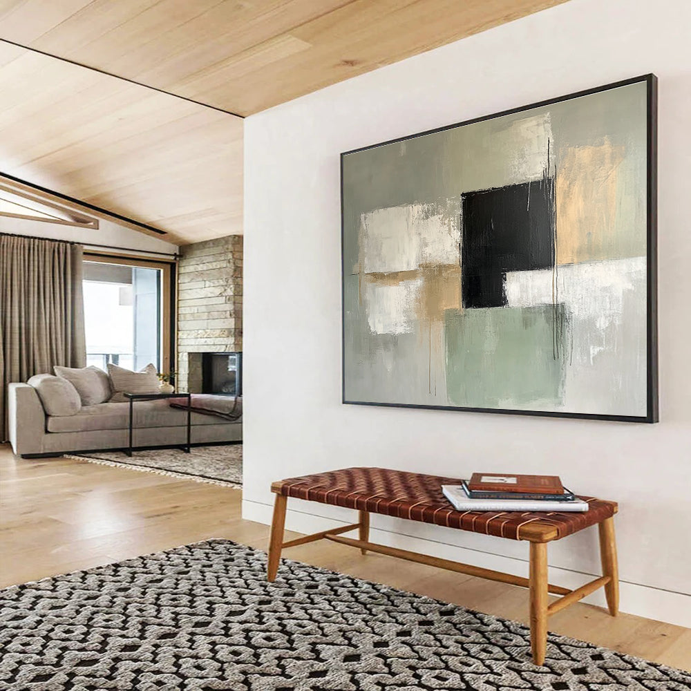 Gray and Green Abstract Painting with Geometric Forms DYP369