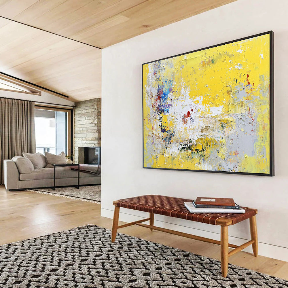 Large abstract painting in yellow and grey with hints of blue green white and red soft textured brushstrokes evoking nostalgia and contemplation.SC370