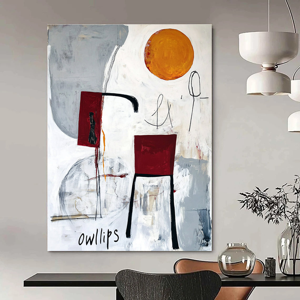 Abstract painting featuring white gray and red with moon chair legs orange circle black ink scribbles and hand drawn Owlips at the bottom.STSC828