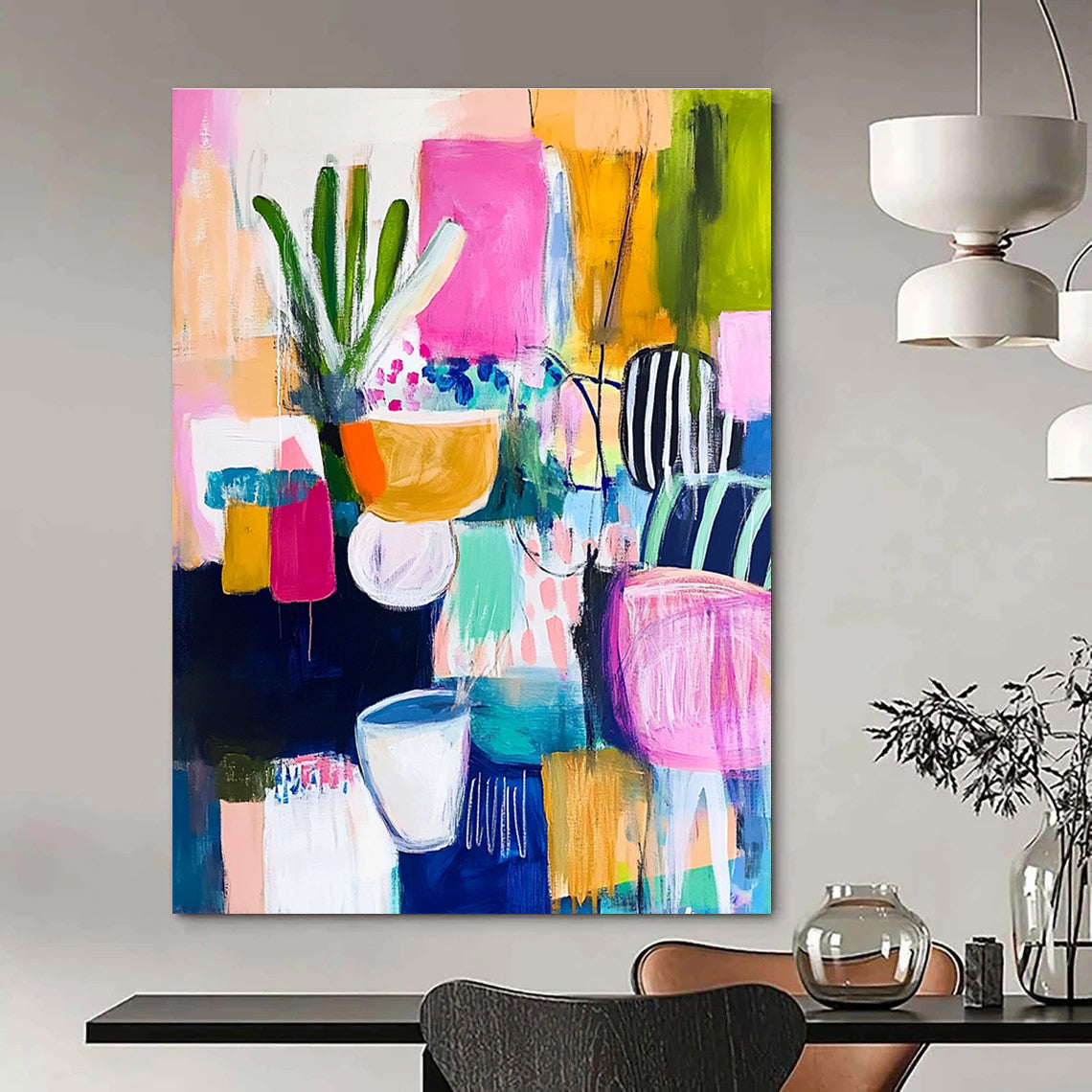 Large abstract painting with vibrant colors and bold brush strokes reflecting joyous celebration and energetic vibes in a dynamic composition.STSC1223