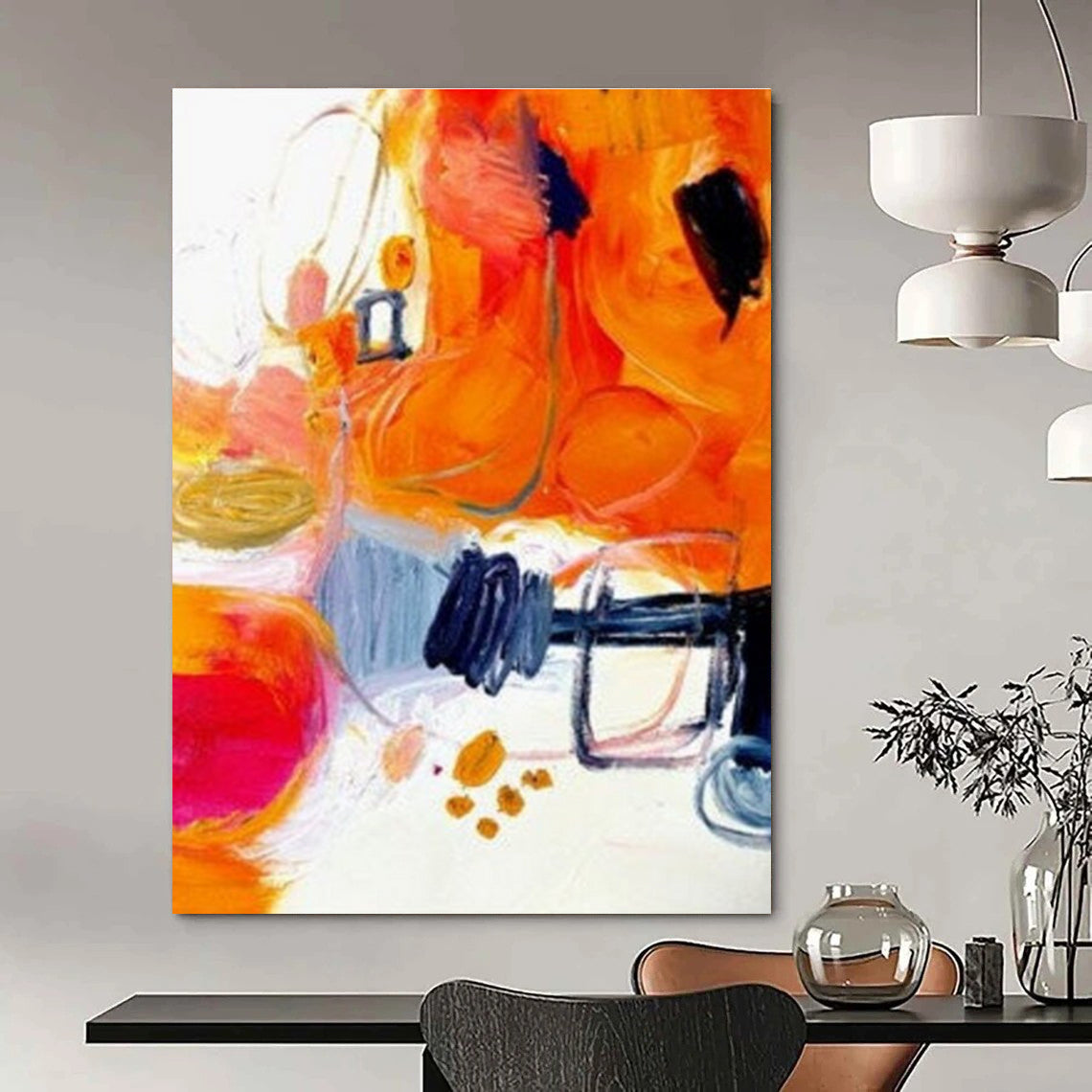 Vibrant Orange Abstract Painting with Mixed Shapes ADGE272