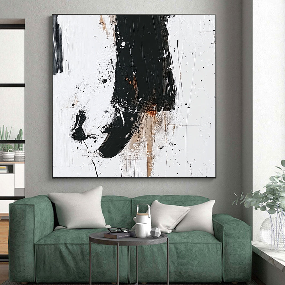 Black Beige and White Abstract Painting with Expressive Splatters GER638
