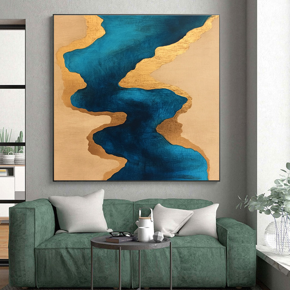Blue and Gold Fluid - Shaped Abstract Painting GER234