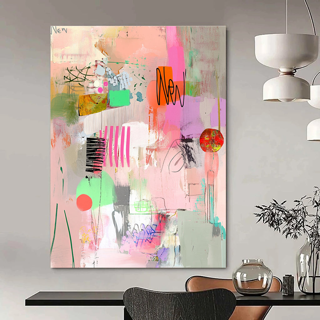 A large abstract painting featuring pink and green tones collage elements and visible brush strokes conveying a whimsical feminine sensibility.STSC649