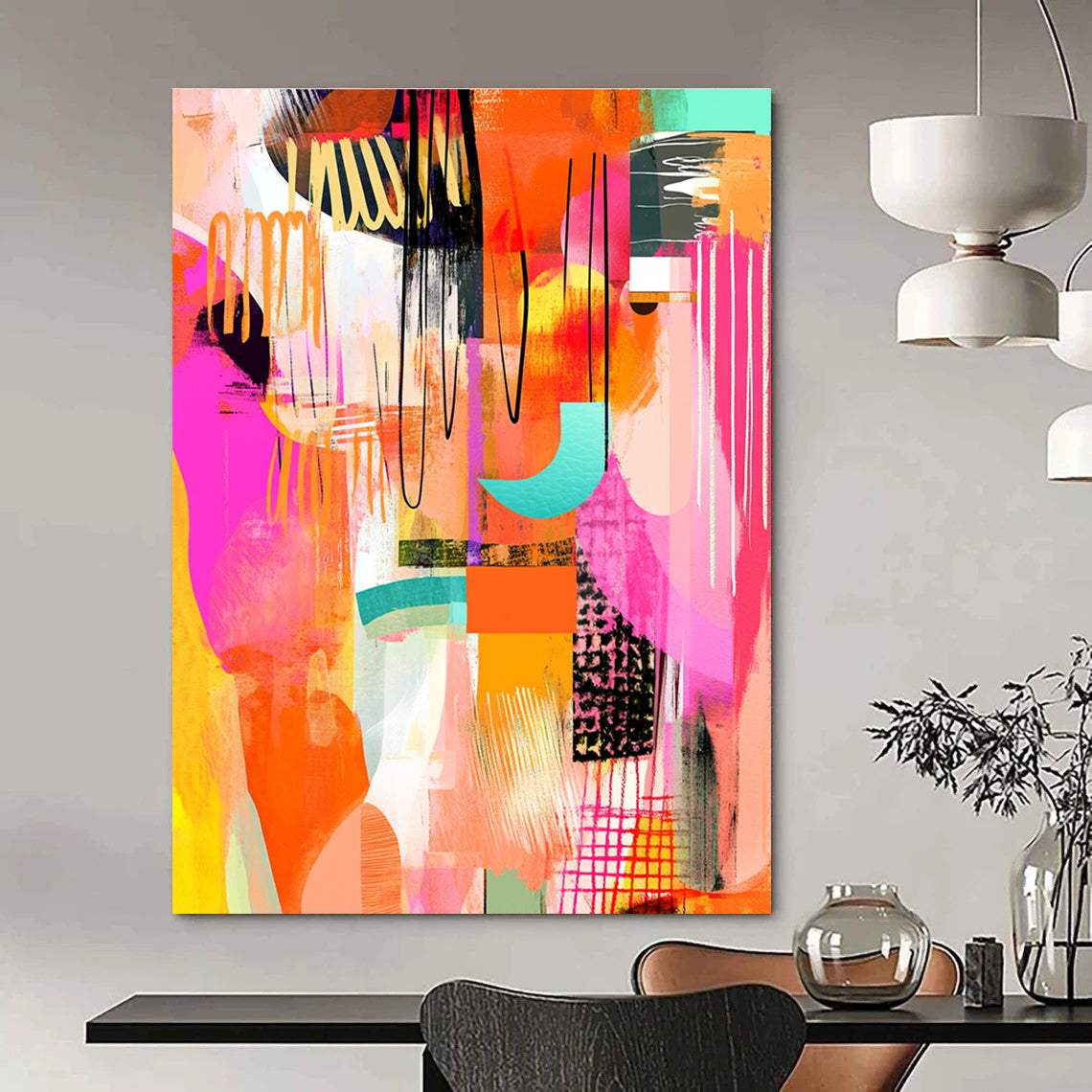 Large abstract art featuring pink orange yellow and white shapes with whimsical patterns bold lines and hand-drawn textures in a vibrant warm color palette.STSC046