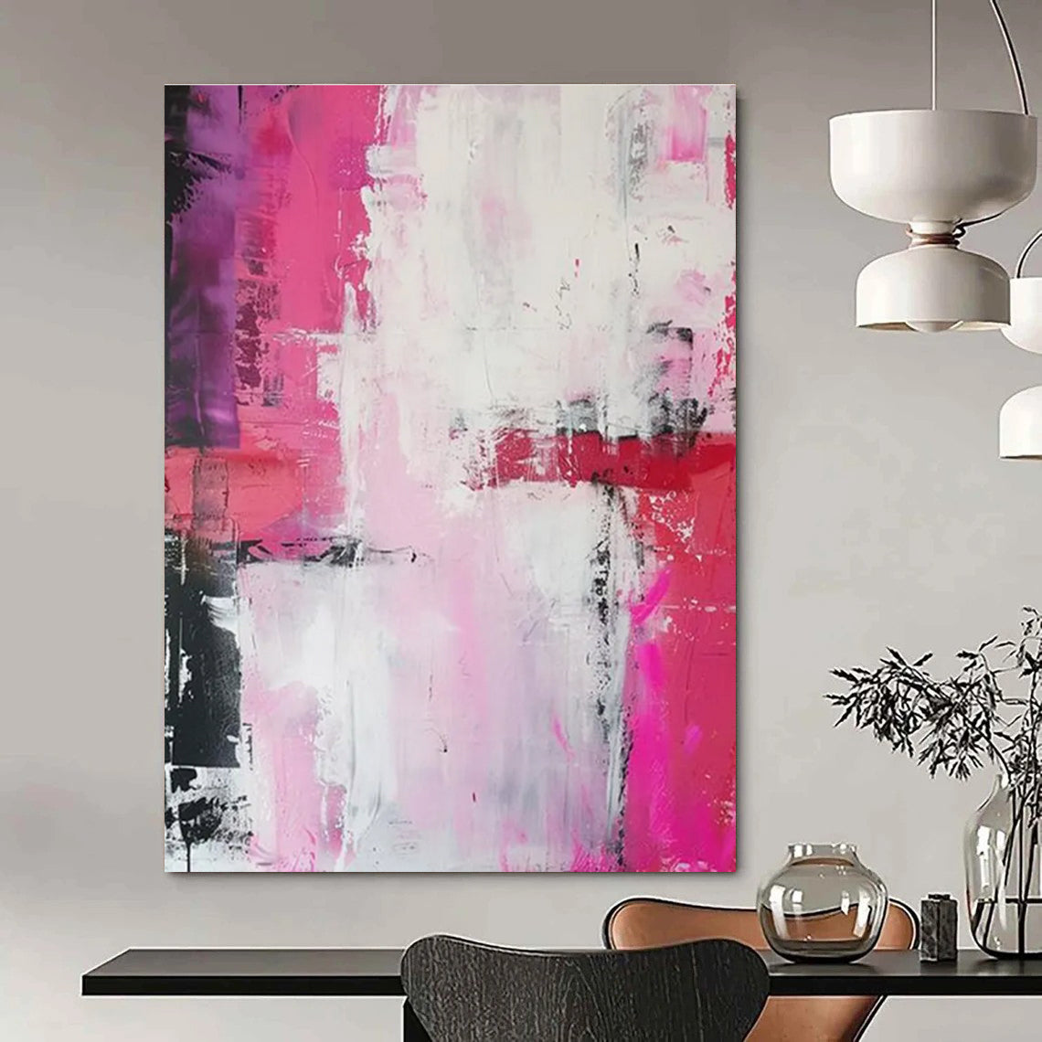Pink and Purple Blend Abstract Painting with White and Red Accents ADGE114