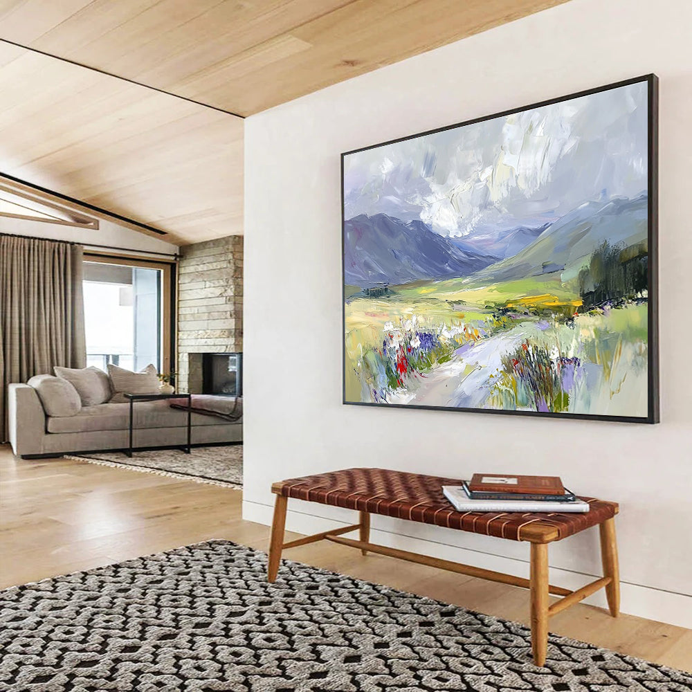 A large abstract painting capturing Scottish glens with soft clouds and vibrant colors offering an impressionistic, dynamic landscape experience.SC473
