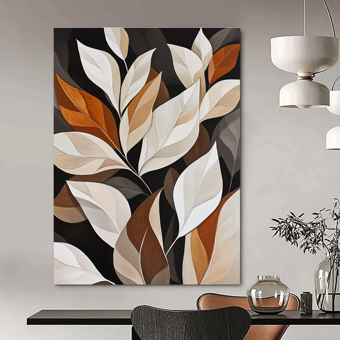 Large abstract painting of white leaves on a black background featuring elegant brown and beige tones with detailed foliage and soft lines.STSC1151