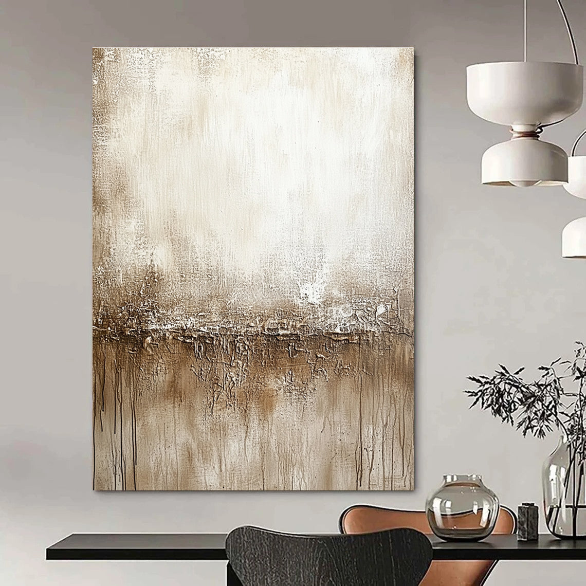 Large abstract painting featuring a neutral tone palette of beige and gray with distressed textures for a calming wall decor.STSC137