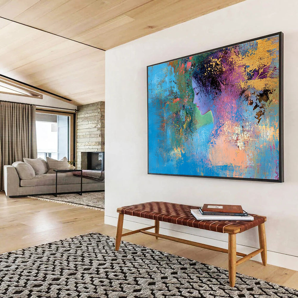 Large abstract painting depicting a female figure intertwining with nature's vibrant colors symbolizing growth through self-improvementSC429