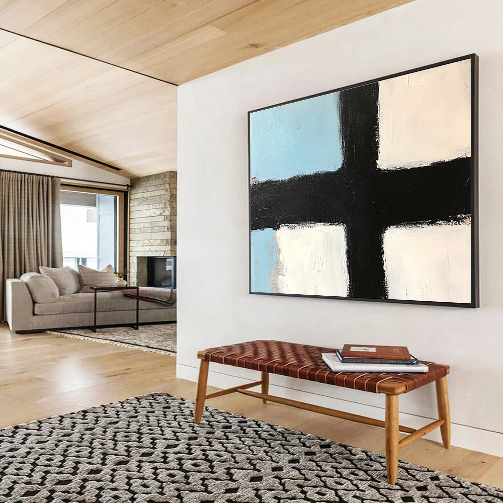 Blue White Black Geometric Abstract Painting with Clean Lines DYP309