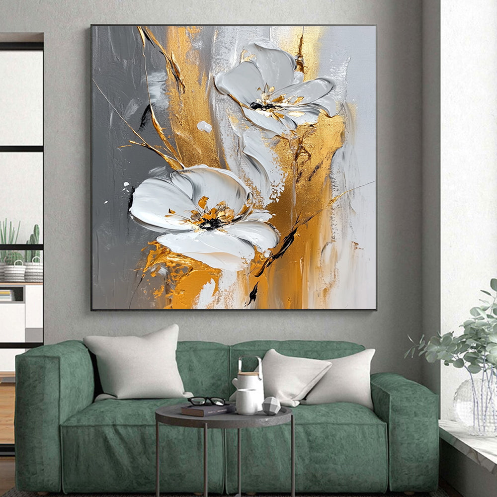 White Flower Gold Abstract Painting with 3D Textures GER603